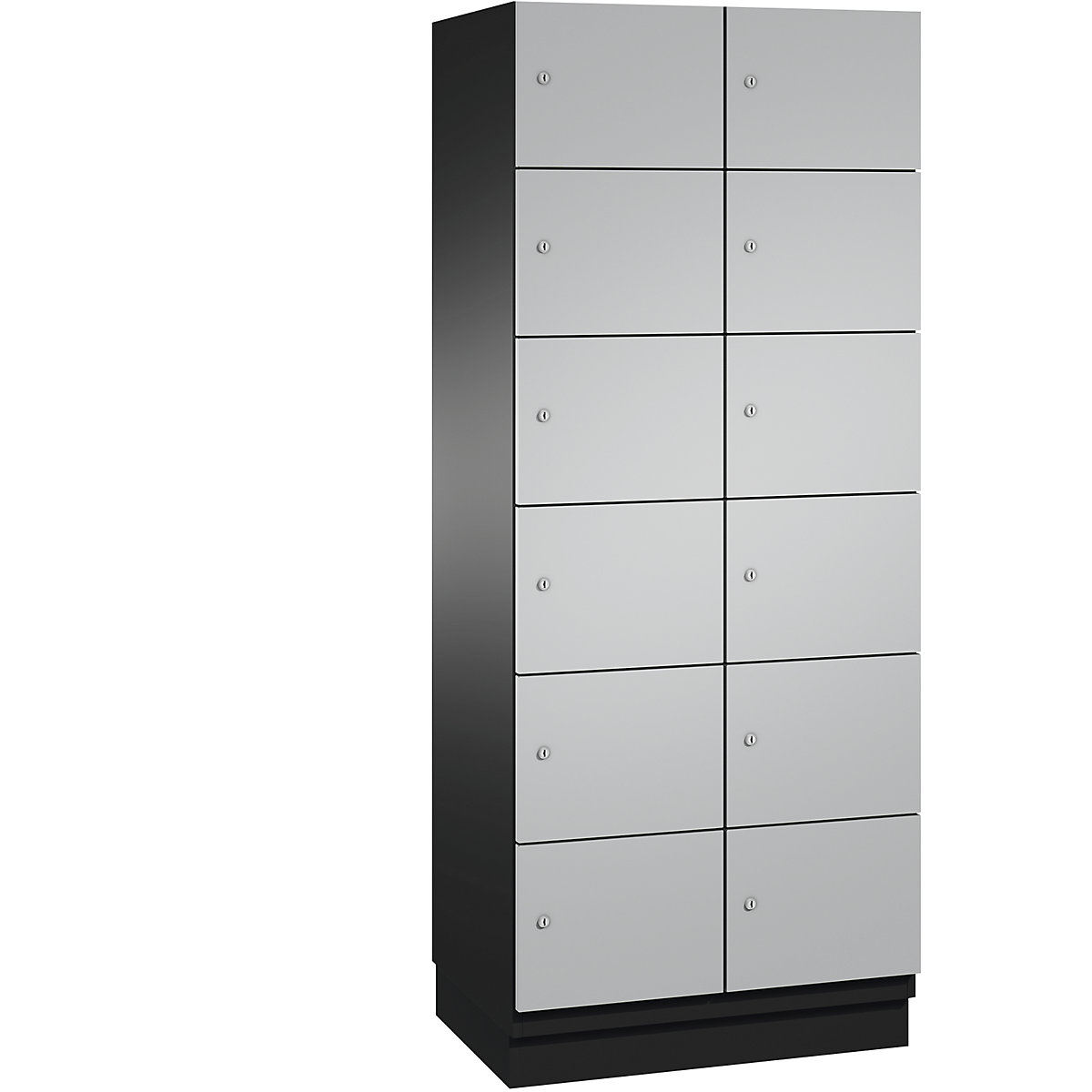 C+P – Skříň s uzamykatelnými boxy CAMBIO s dveřmi z ocelového plechu, 12 boxů, šířka 800 mm, korpus černošedý / dveře bílý hliník