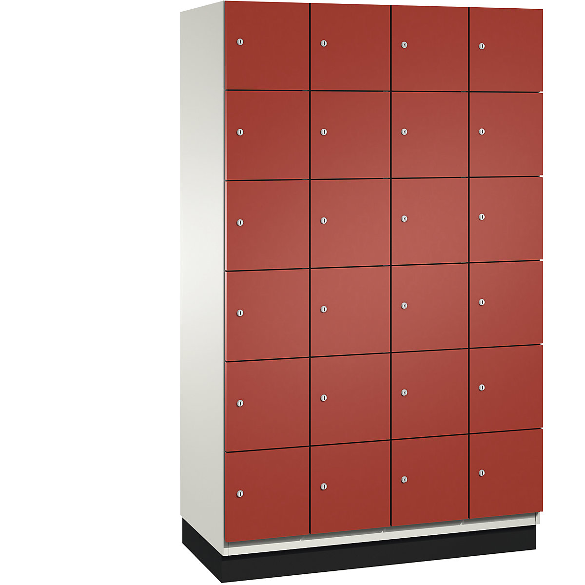 C+P – Skříň s uzamykatelnými boxy CAMBIO s dveřmi z ocelového plechu, 24 boxů, šířka 1200 mm, korpus čistý bílý / dveře ohnivě červené