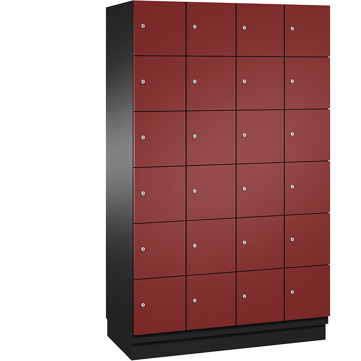 C+P – Skříň s uzamykatelnými boxy CAMBIO s dveřmi z ocelového plechu, 24 boxů, šířka 1200 mm, korpus černošedý / dveře rubínové