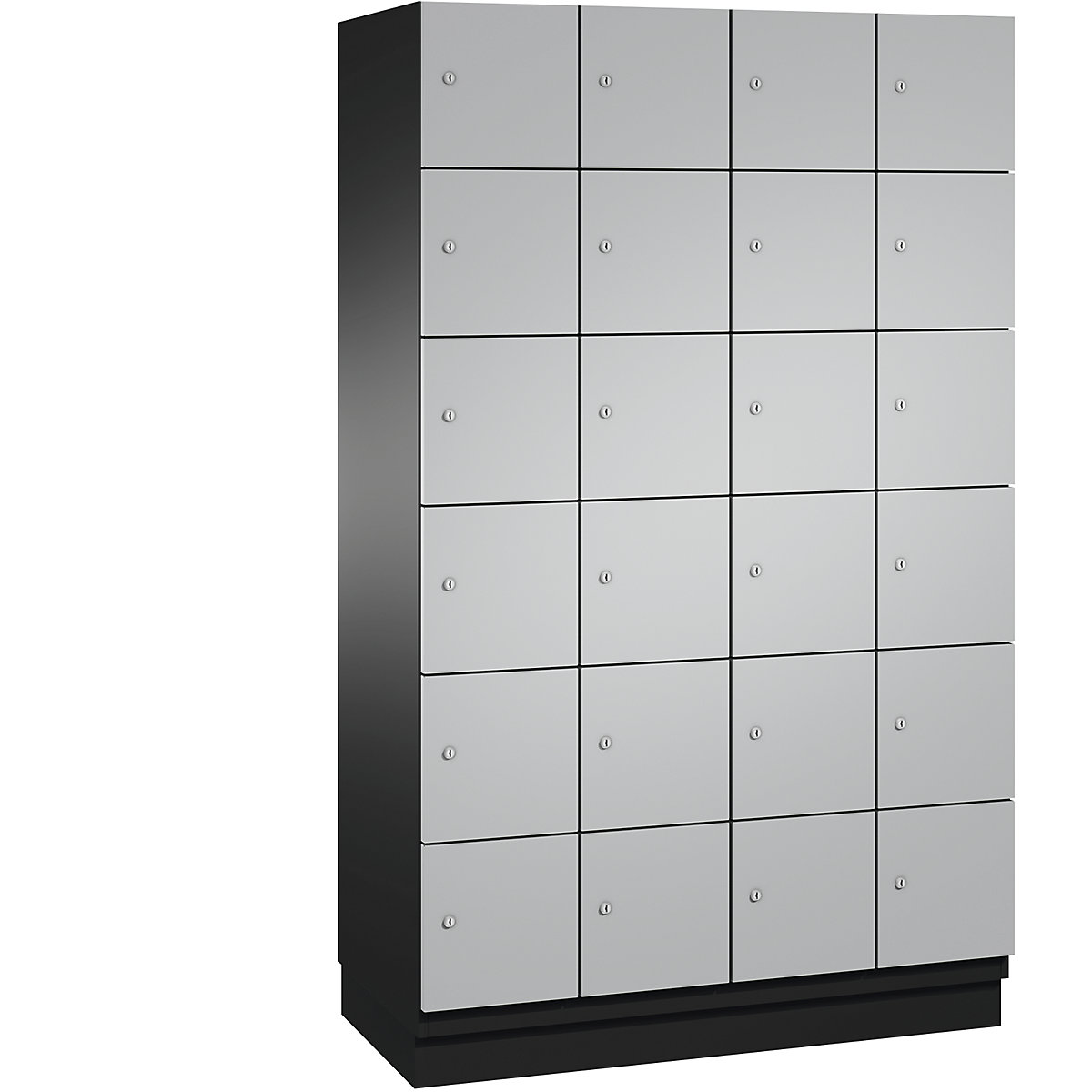 C+P – Skříň s uzamykatelnými boxy CAMBIO s dveřmi z ocelového plechu, 24 boxů, šířka 1200 mm, korpus černošedý / dveře bílý hliník