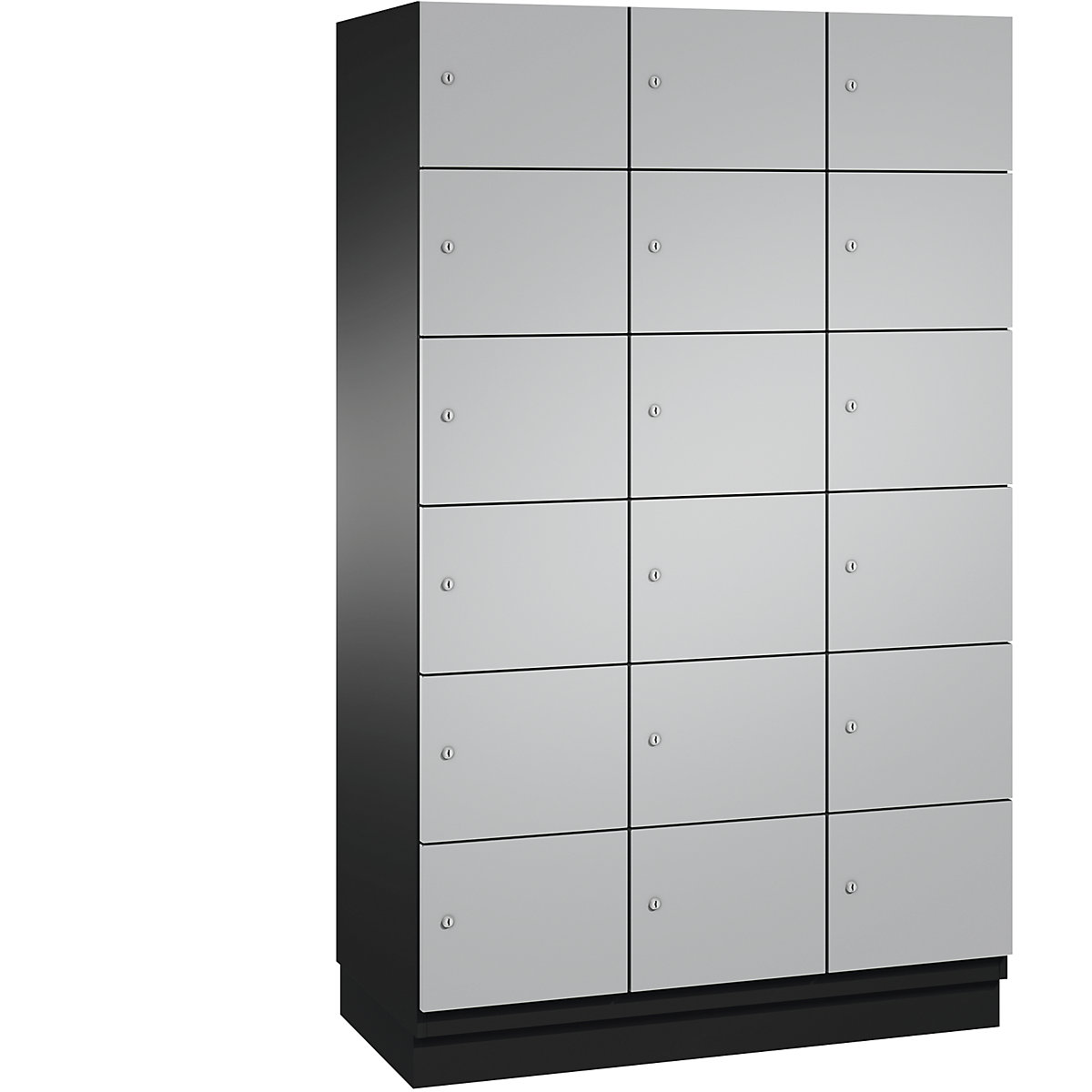 C+P – Skříň s uzamykatelnými boxy CAMBIO s dveřmi z ocelového plechu, 18 boxů, šířka 1200 mm, korpus černošedý / dveře bílý hliník