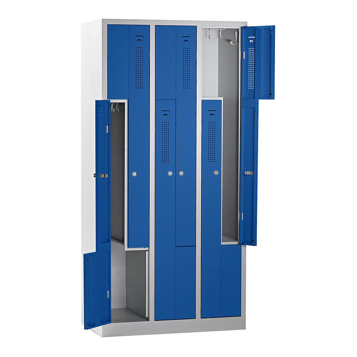 AMSTERDAM šatníková skriňa v tvare Z – eurokraft basic, šírka 870 mm, 3 boxy, 6 dvere, farba dverí enciánová modrá, farba korpusu svetlošedá-13