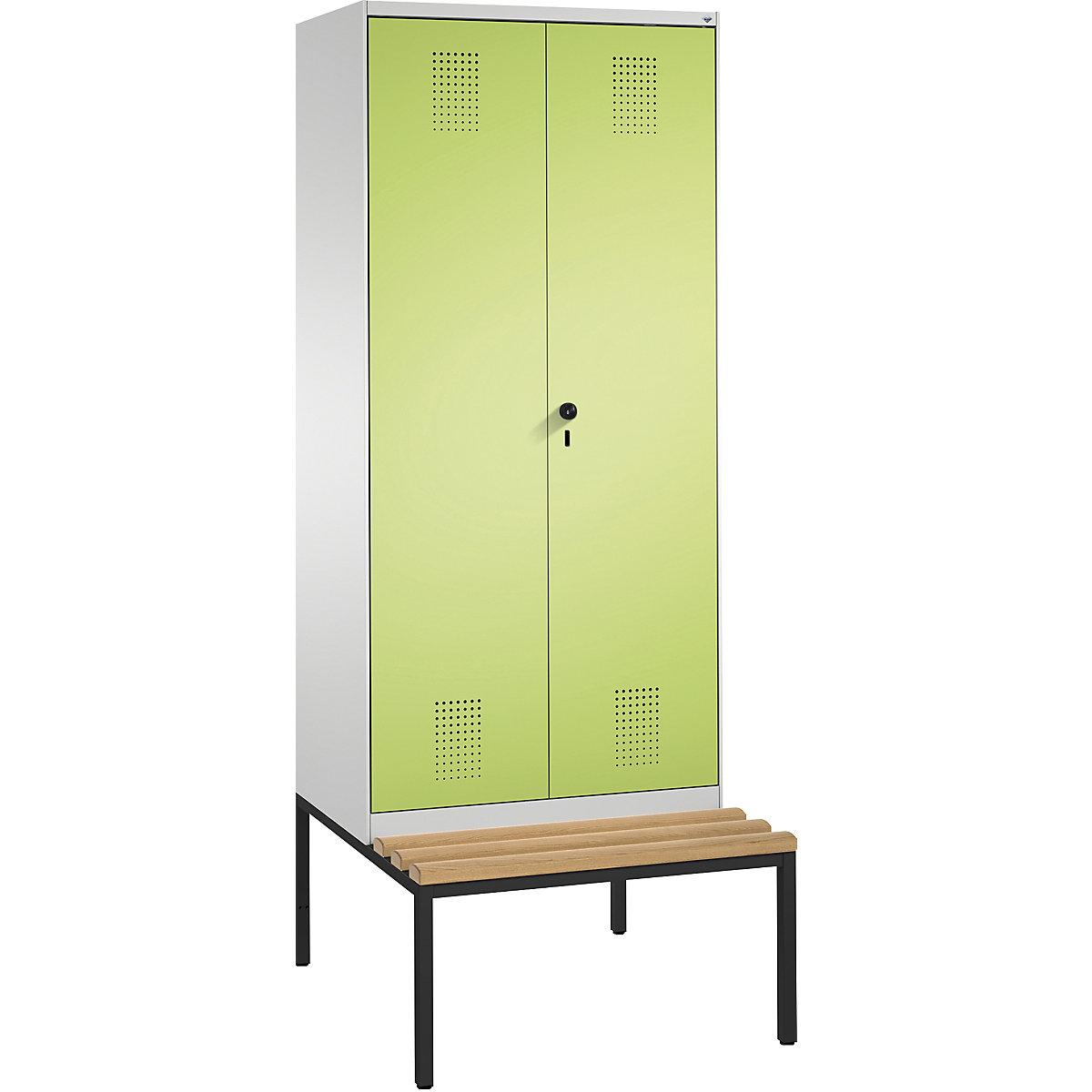 EVOLO šatníková skriňa, oproti sebe sa zatvárajúce dvere, s lavicou na sedenie – C+P, 2 boxy, šírka boxu 400 mm, svetlošedá / viridiánová zelená-7