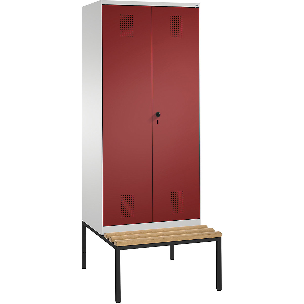 EVOLO šatníková skriňa, oproti sebe sa zatvárajúce dvere, s lavicou na sedenie – C+P, 2 boxy, šírka boxu 400 mm, svetlošedá / rubínová červená-3