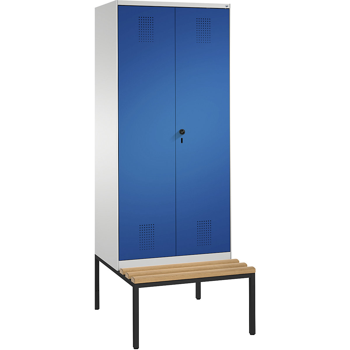 EVOLO šatníková skriňa, oproti sebe sa zatvárajúce dvere, s lavicou na sedenie – C+P, 2 boxy, šírka boxu 400 mm, svetlošedá / enciánová modrá-14