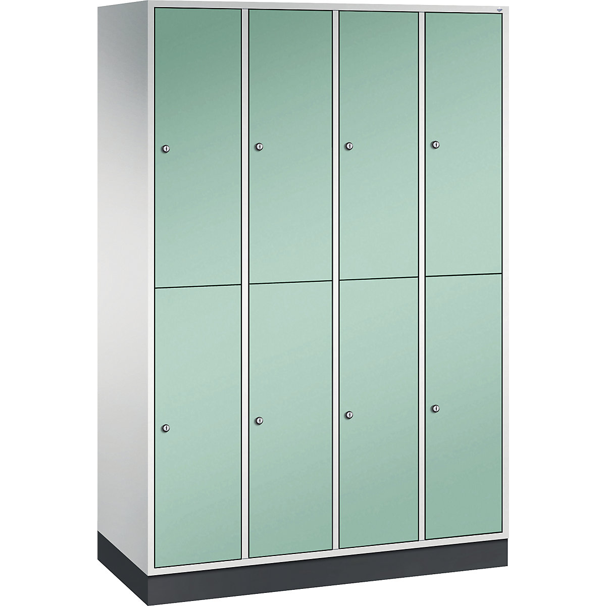 INTRO dvojposchodová oceľová šatníková skriňa – C+P, š x h 1220 x 500 mm, 8 priehradiek, korpus svetlošedá, dvere svetlozelená