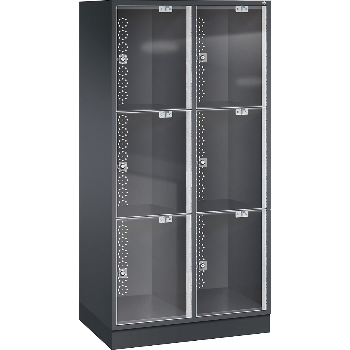 INTRO oceľová skriňa s uzamykateľnými priehradkami s dverami z akrylového skla – C+P, v x š x h 1750 x 820 x 500 mm, výška priehradky 510 mm, 6 priehradiek, korpus čiernošedá