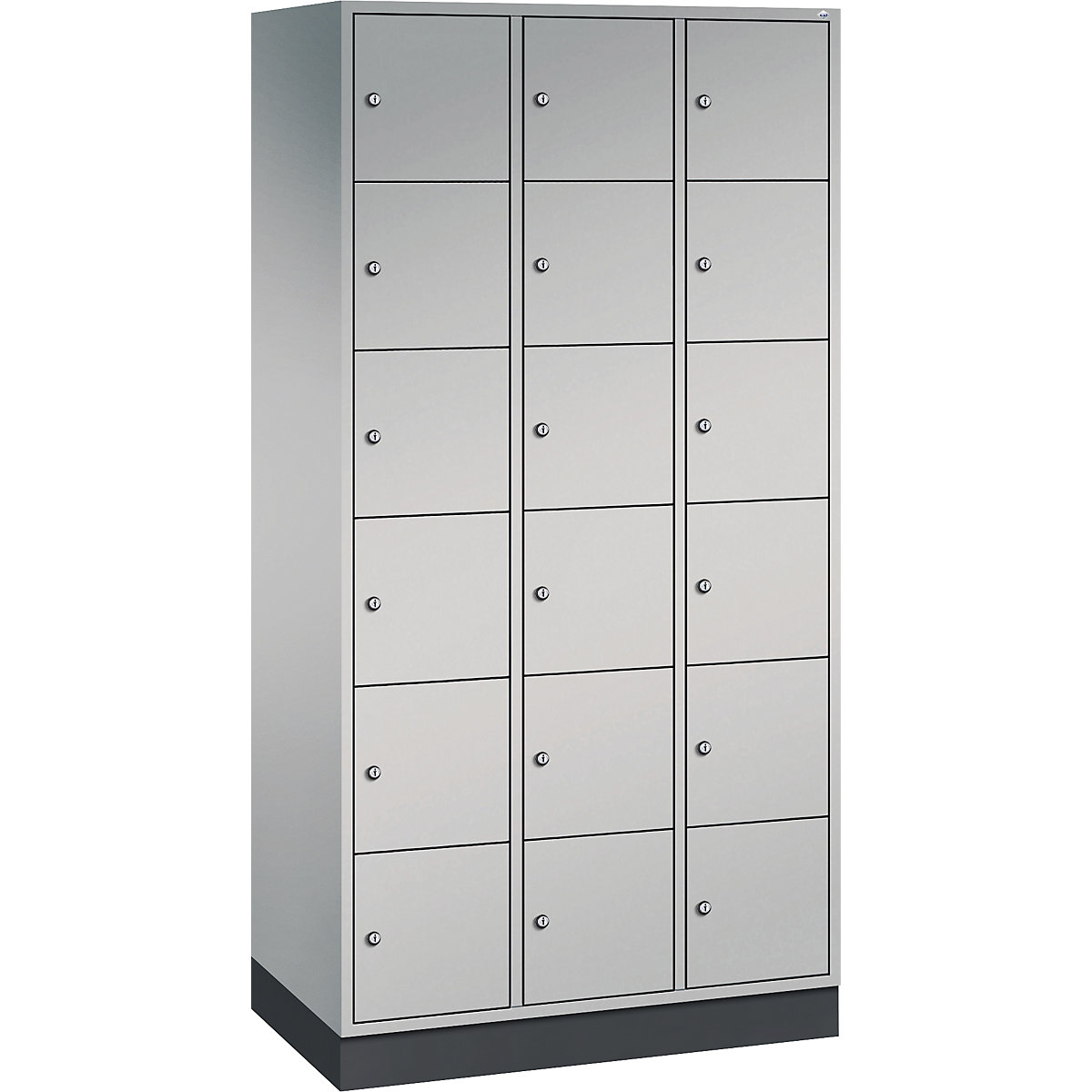 INTRO oceľová skriňa s uzamykateľnými priehradkami, výška priehradky 285 mm – C+P, š x h 920 x 500 mm, 18 priehradiek, korpus strieborná, dvere strieborná