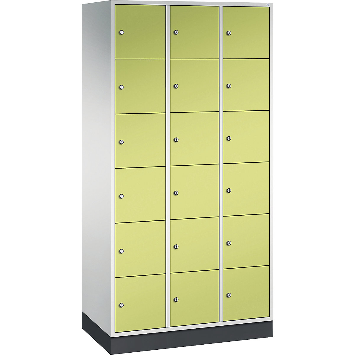 INTRO oceľová skriňa s uzamykateľnými priehradkami, výška priehradky 285 mm – C+P, š x h 920 x 500 mm, 18 priehradiek, korpus svetlošedá, dvere viridiánová zelená