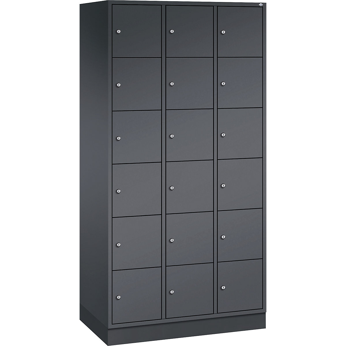 INTRO oceľová skriňa s uzamykateľnými priehradkami, výška priehradky 285 mm – C+P, š x h 920 x 500 mm, 18 priehradiek, korpus čiernošedá, dvere čiernošedá