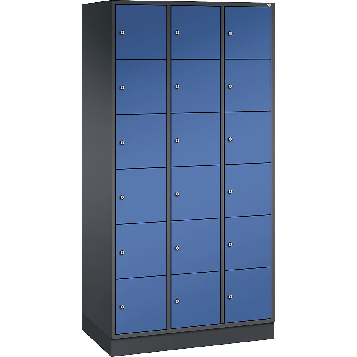 INTRO oceľová skriňa s uzamykateľnými priehradkami, výška priehradky 285 mm – C+P, š x h 920 x 500 mm, 18 priehradiek, korpus čiernošedá, dvere enciánová modrá