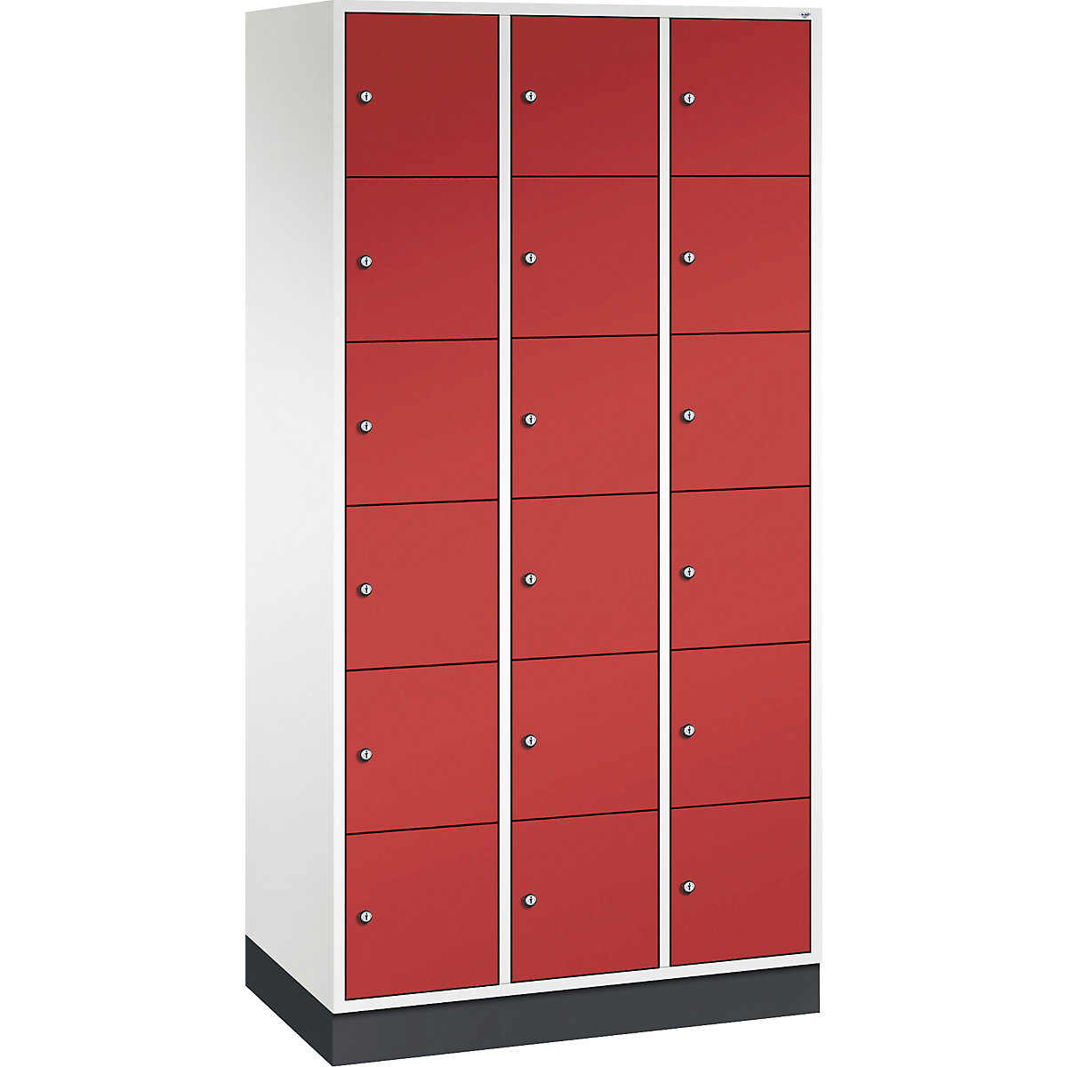 INTRO oceľová skriňa s uzamykateľnými priehradkami, výška priehradky 285 mm – C+P, š x h 920 x 500 mm, 18 priehradiek, korpus čistá biela, dvere ohnivo červená