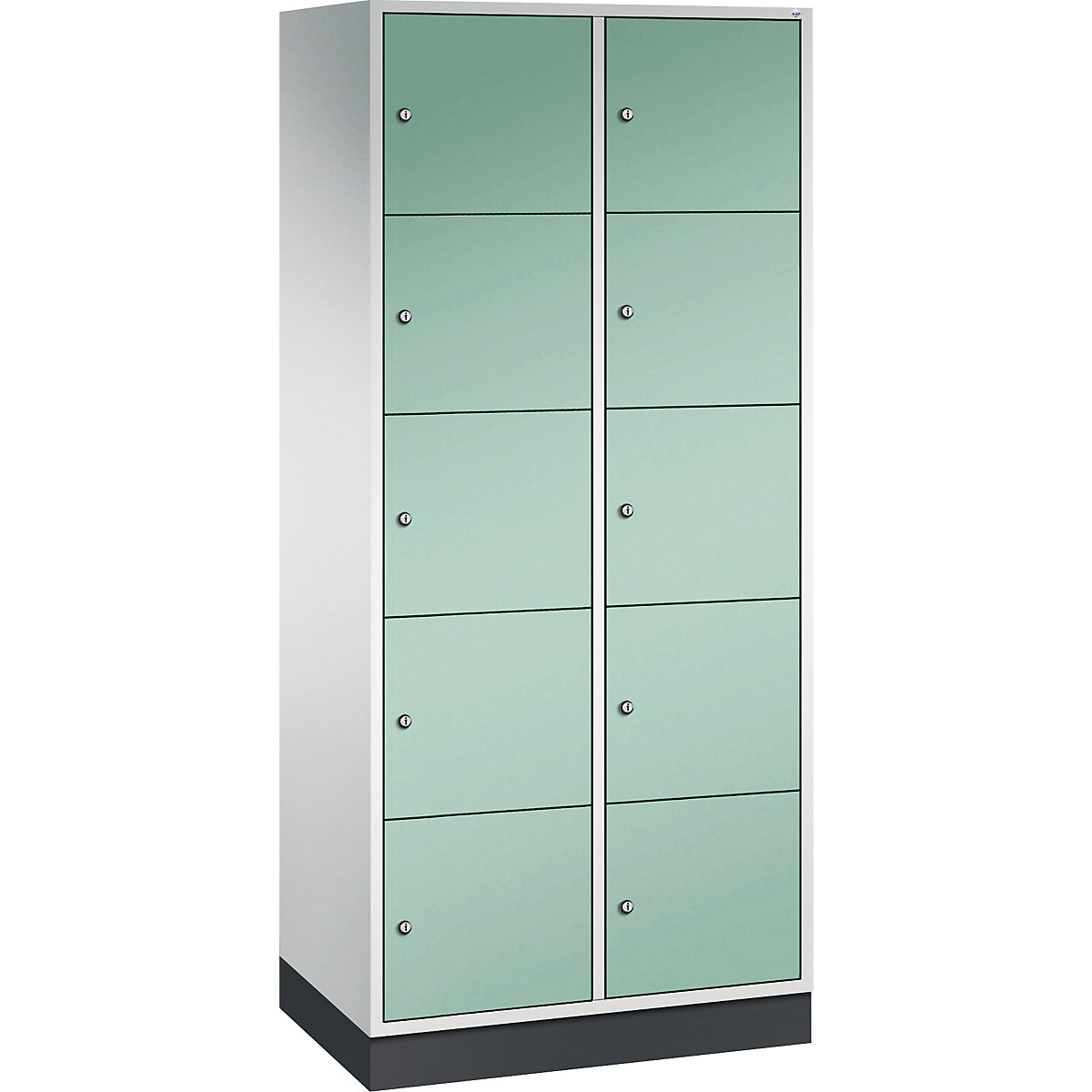 INTRO oceľová skriňa s uzamykateľnými priehradkami, výška priehradky 345 mm – C+P, š x h 820 x 500 mm, 10 priehradiek, korpus svetlošedá, dvere svetlozelená