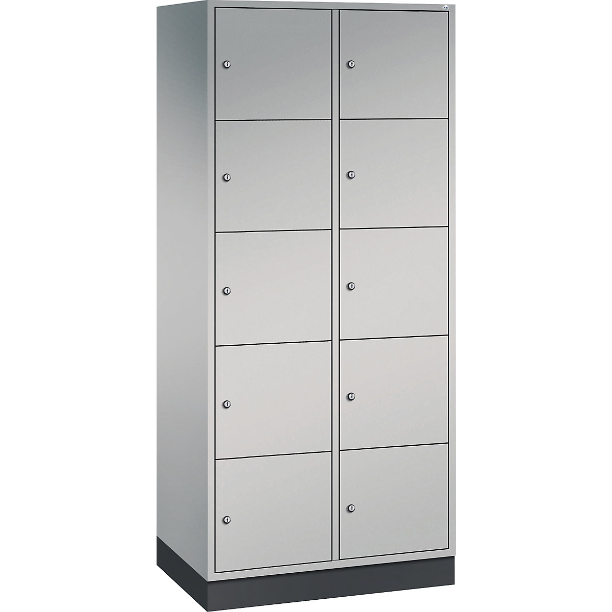 INTRO oceľová skriňa s uzamykateľnými priehradkami, výška priehradky 345 mm – C+P, š x h 820 x 500 mm, 10 priehradiek, korpus strieborná, dvere strieborná
