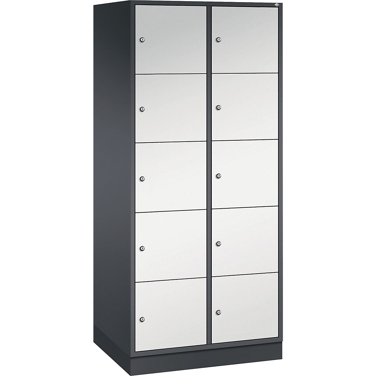 INTRO oceľová skriňa s uzamykateľnými priehradkami, výška priehradky 345 mm – C+P, š x h 820 x 600 mm, 10 priehradiek, korpus čiernošedá, dvere svetlošedá