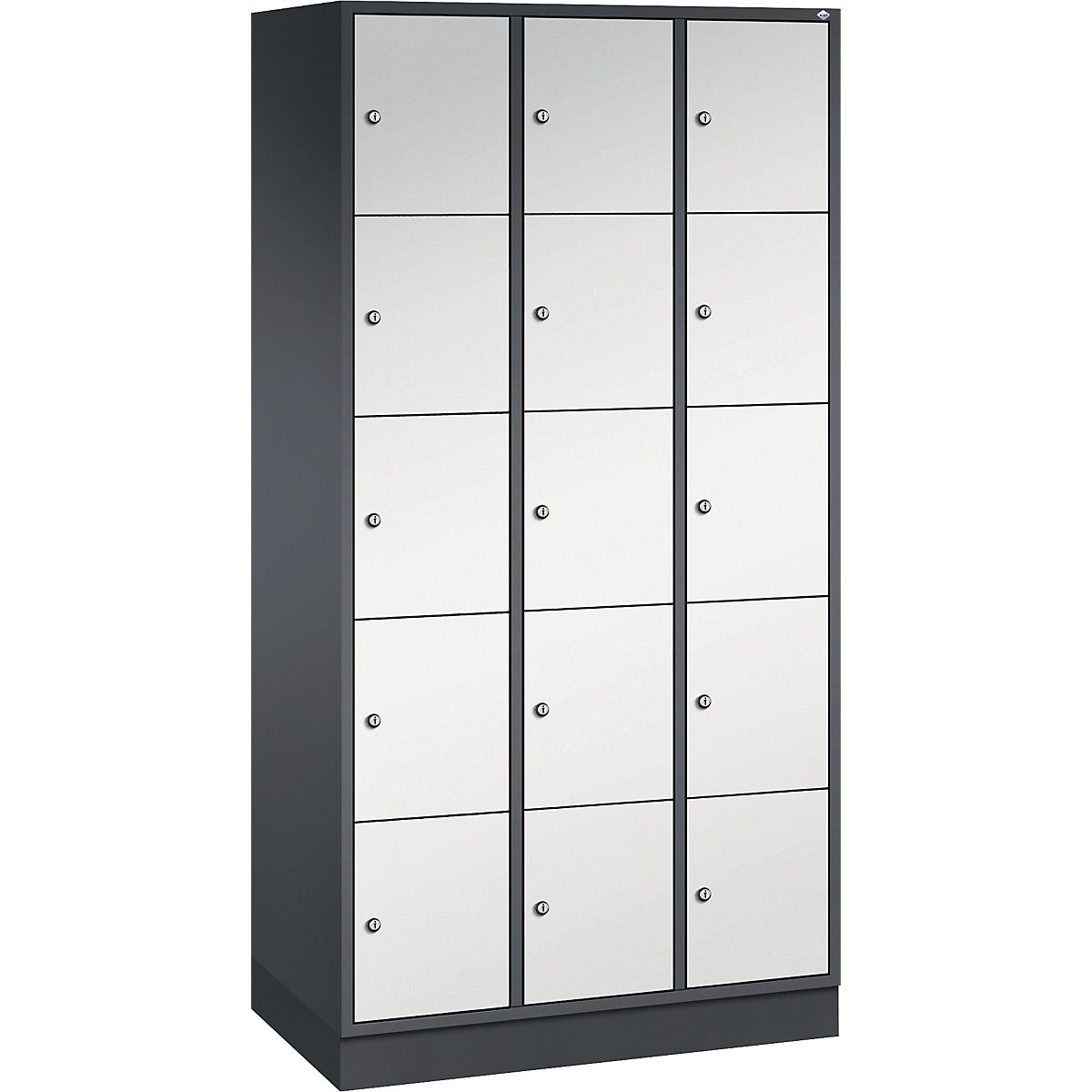 INTRO oceľová skriňa s uzamykateľnými priehradkami, výška priehradky 345 mm – C+P, š x h 920 x 500 mm, 15 priehradiek, korpus čiernošedá, dvere svetlošedá