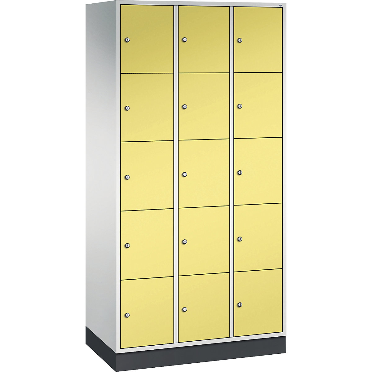 INTRO oceľová skriňa s uzamykateľnými priehradkami, výška priehradky 345 mm – C+P, š x h 920 x 500 mm, 15 priehradiek, korpus svetlošedá, dvere sírová žltá