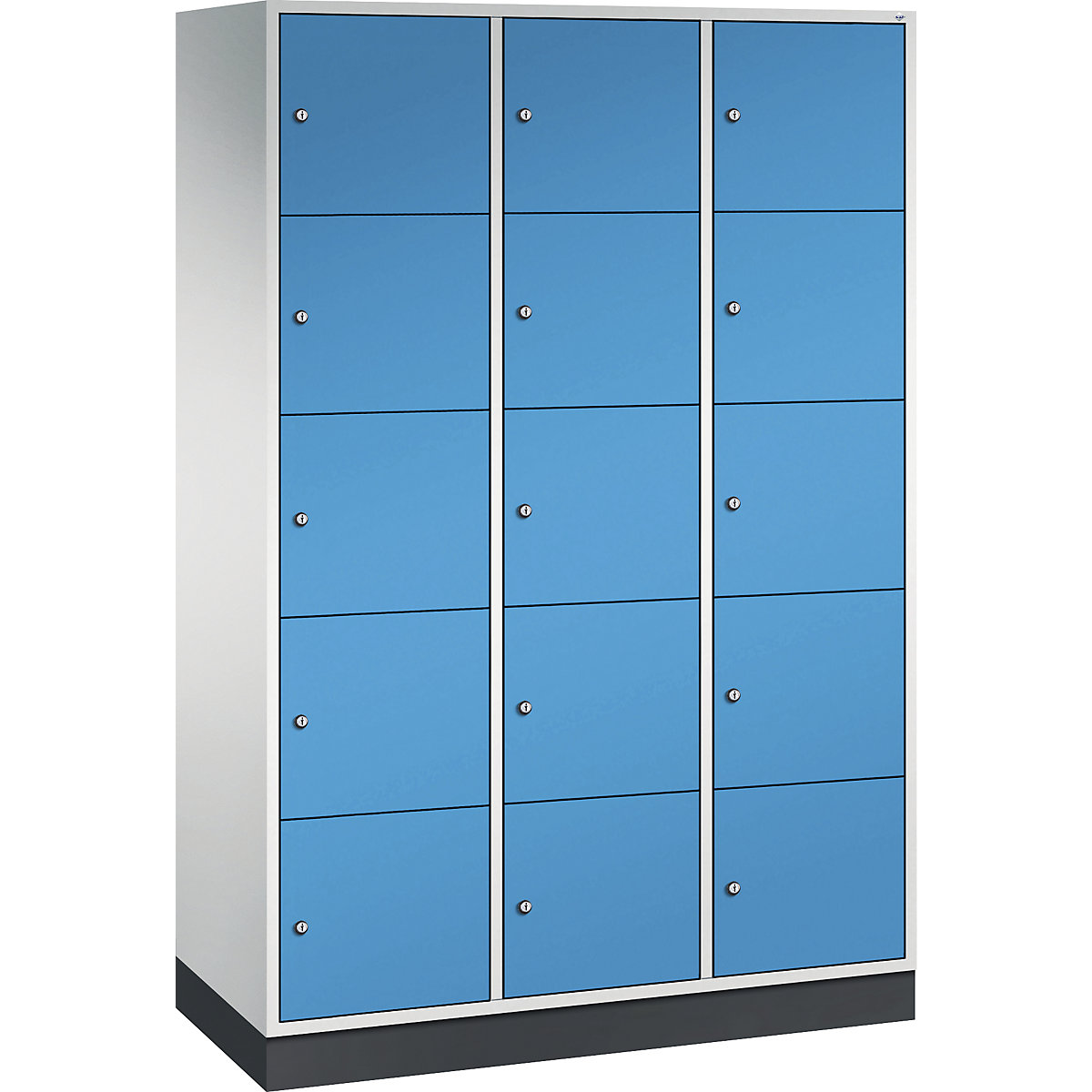 INTRO oceľová skriňa s uzamykateľnými priehradkami, výška priehradky 345 mm – C+P, š x h 1220 x 500 mm, 15 priehradiek, korpus svetlošedá, dvere svetlomodrá