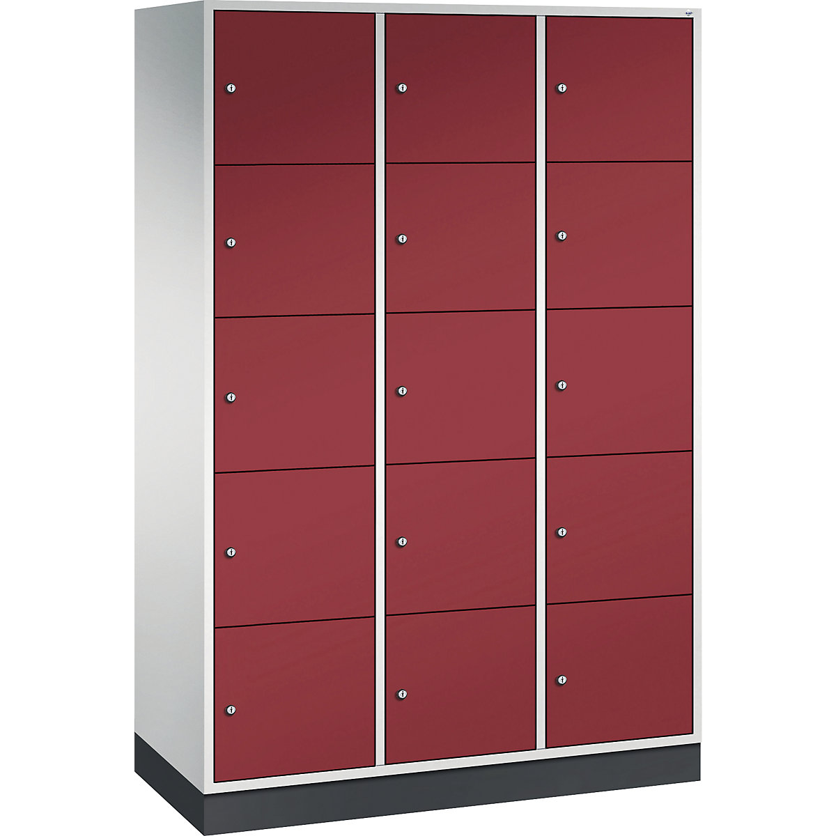 INTRO oceľová skriňa s uzamykateľnými priehradkami, výška priehradky 345 mm – C+P, š x h 1220 x 500 mm, 15 priehradiek, korpus svetlošedá, dvere rubínová červená