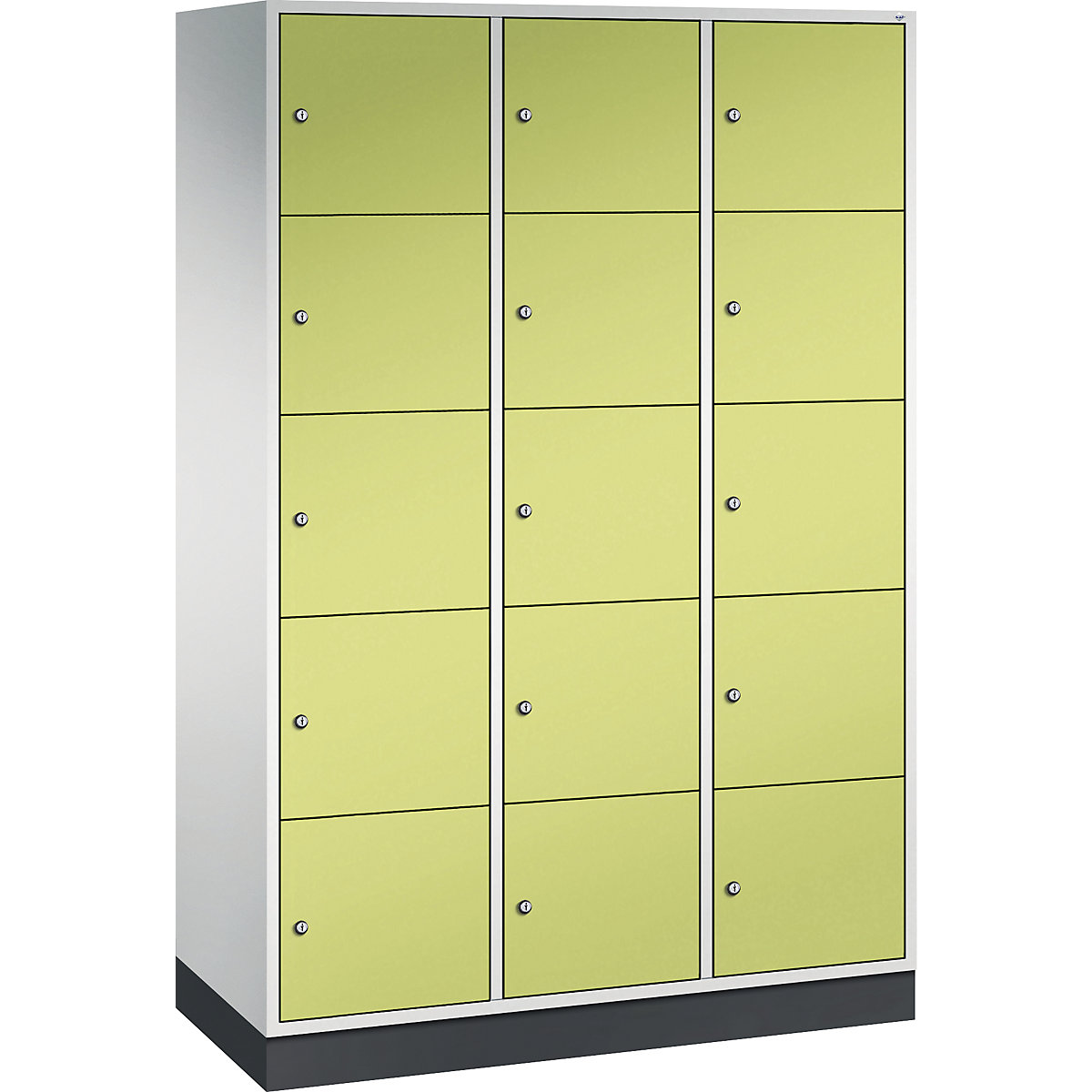 INTRO oceľová skriňa s uzamykateľnými priehradkami, výška priehradky 345 mm – C+P, š x h 1220 x 500 mm, 15 priehradiek, korpus svetlošedá, dvere viridiánová zelená
