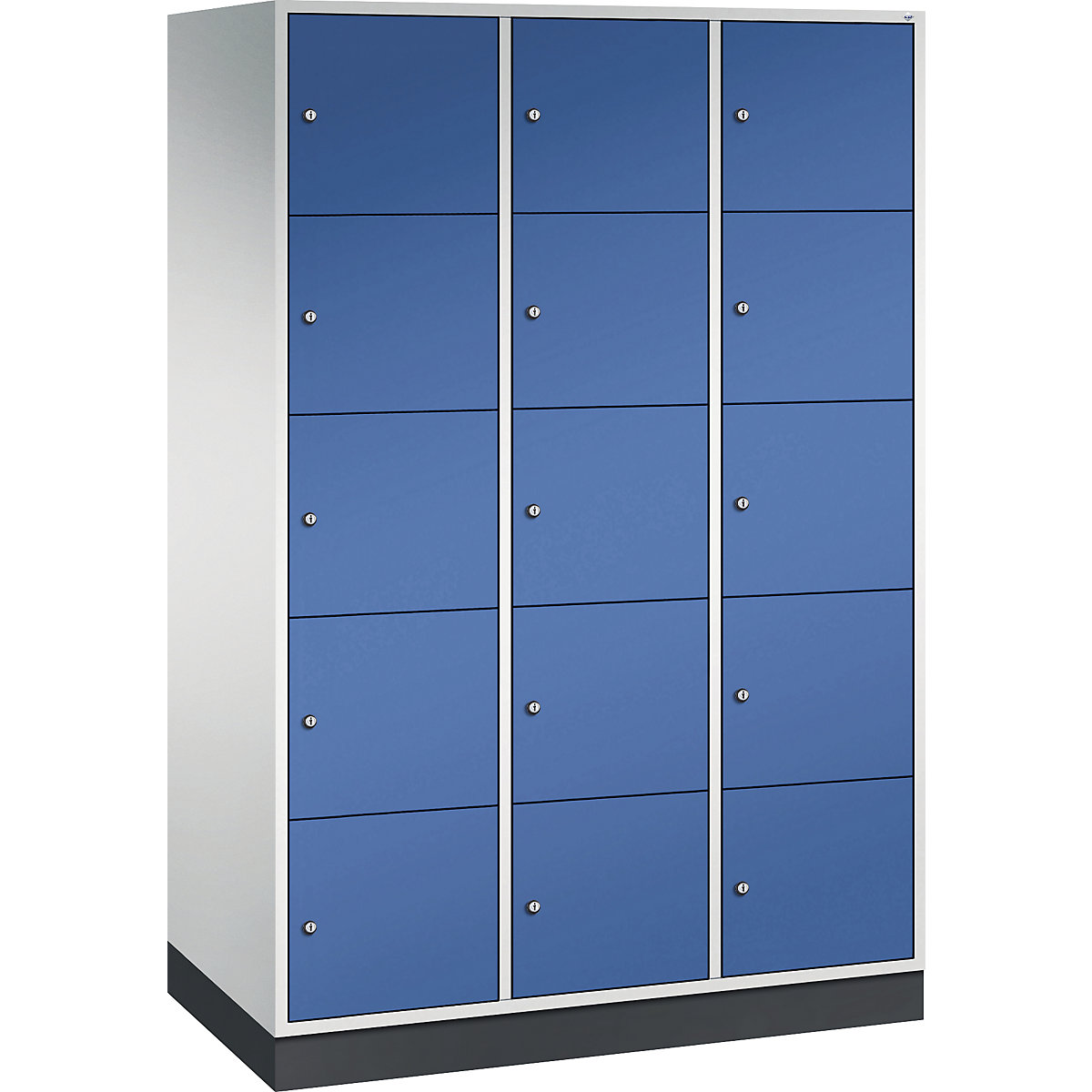 INTRO oceľová skriňa s uzamykateľnými priehradkami, výška priehradky 345 mm – C+P, š x h 1220 x 600 mm, 15 priehradiek, korpus svetlošedá, dvere enciánová modrá