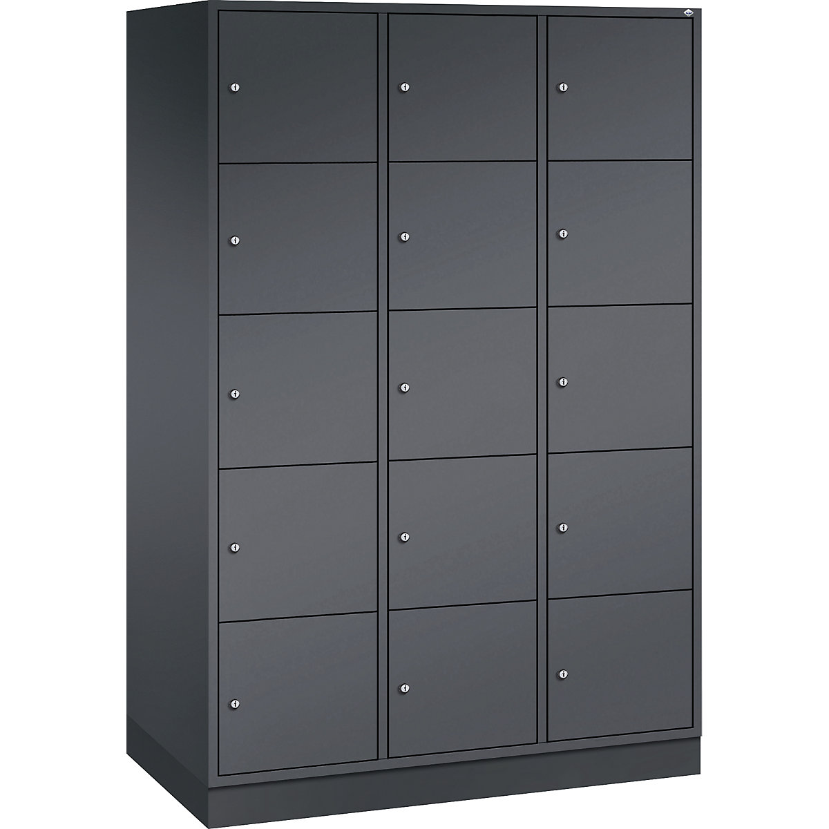 INTRO oceľová skriňa s uzamykateľnými priehradkami, výška priehradky 345 mm – C+P, š x h 1220 x 600 mm, 15 priehradiek, korpus čiernošedá, dvere čiernošedá