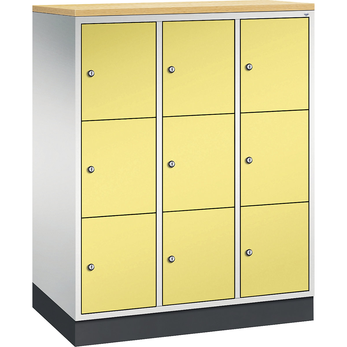 INTRO oceľová skriňa s uzamykateľnými priehradkami, výška priehradky 345 mm – C+P, š x h 920 x 500 mm, 9 priehradiek, korpus svetlošedá, dvere sírová žltá