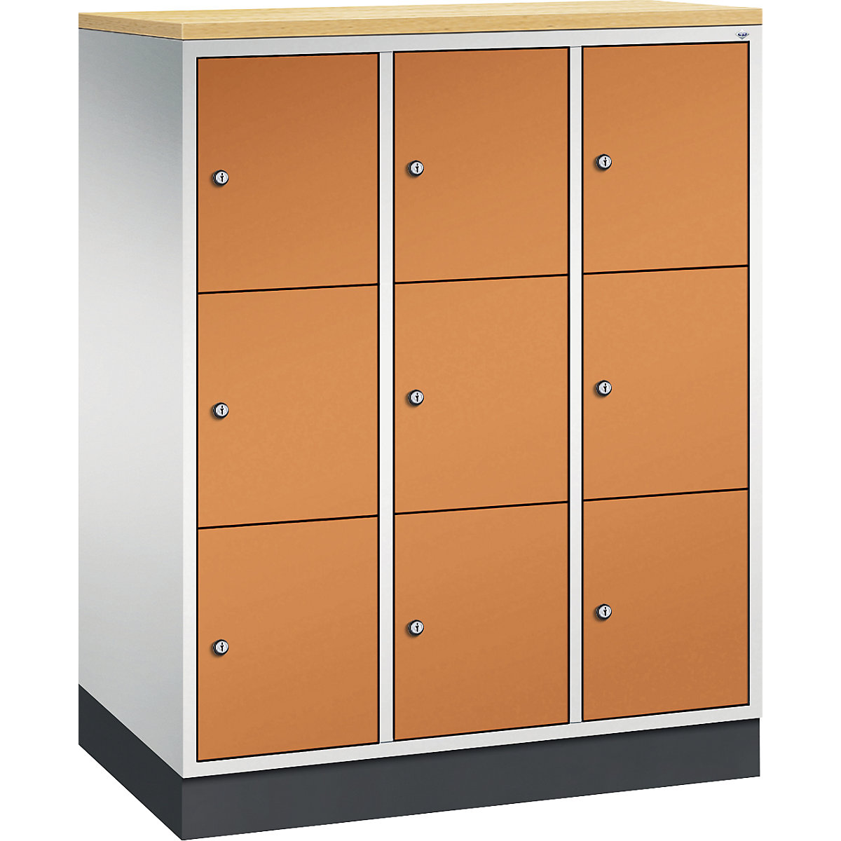 INTRO oceľová skriňa s uzamykateľnými priehradkami, výška priehradky 345 mm – C+P, š x h 920 x 500 mm, 9 priehradiek, korpus svetlošedá, dvere žltooranžová