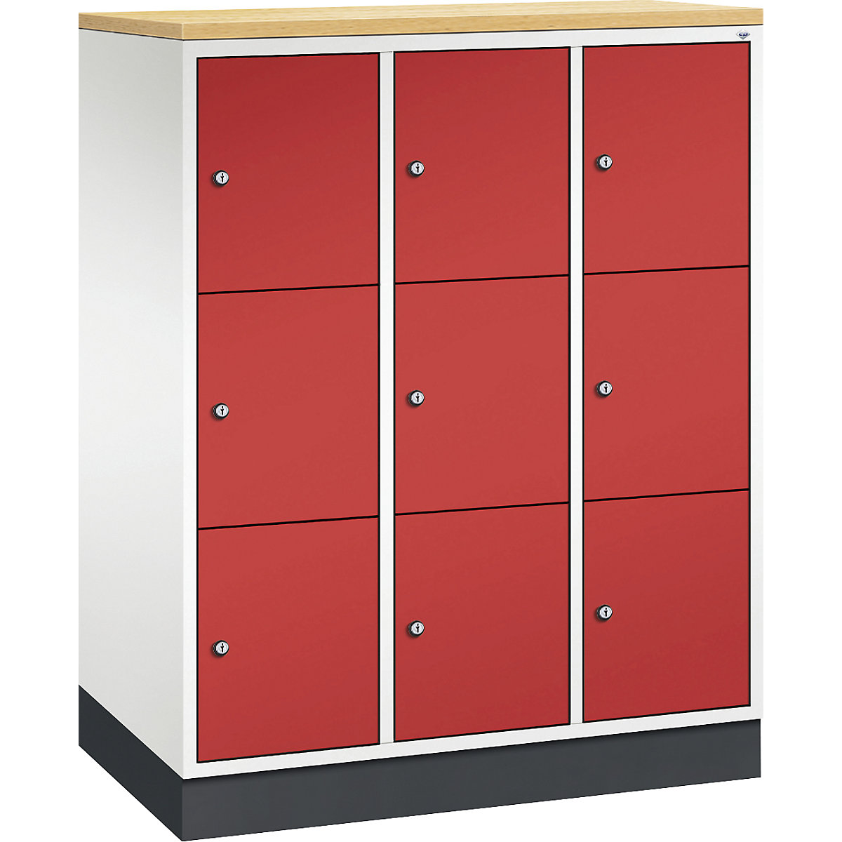 INTRO oceľová skriňa s uzamykateľnými priehradkami, výška priehradky 345 mm – C+P, š x h 920 x 500 mm, 9 priehradiek, korpus čistá biela, dvere ohnivo červená
