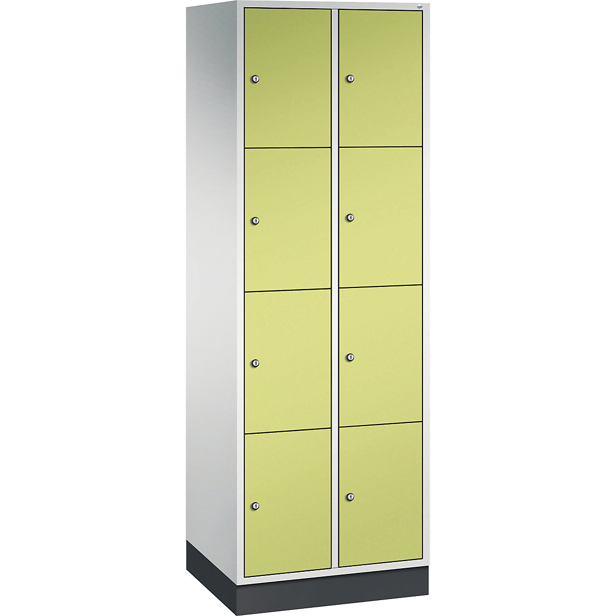 INTRO oceľová skriňa s uzamykateľnými priehradkami, výška priehradky 435 mm – C+P, š x h 620 x 500 mm, 8 priehradiek, korpus svetlošedá, dvere viridiánová zelená