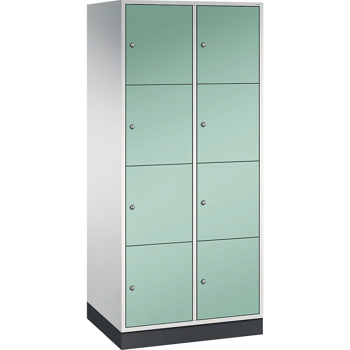 INTRO oceľová skriňa s uzamykateľnými priehradkami, výška priehradky 435 mm – C+P, š x h 820 x 600 mm, 8 priehradiek, korpus svetlošedá, dvere svetlozelená