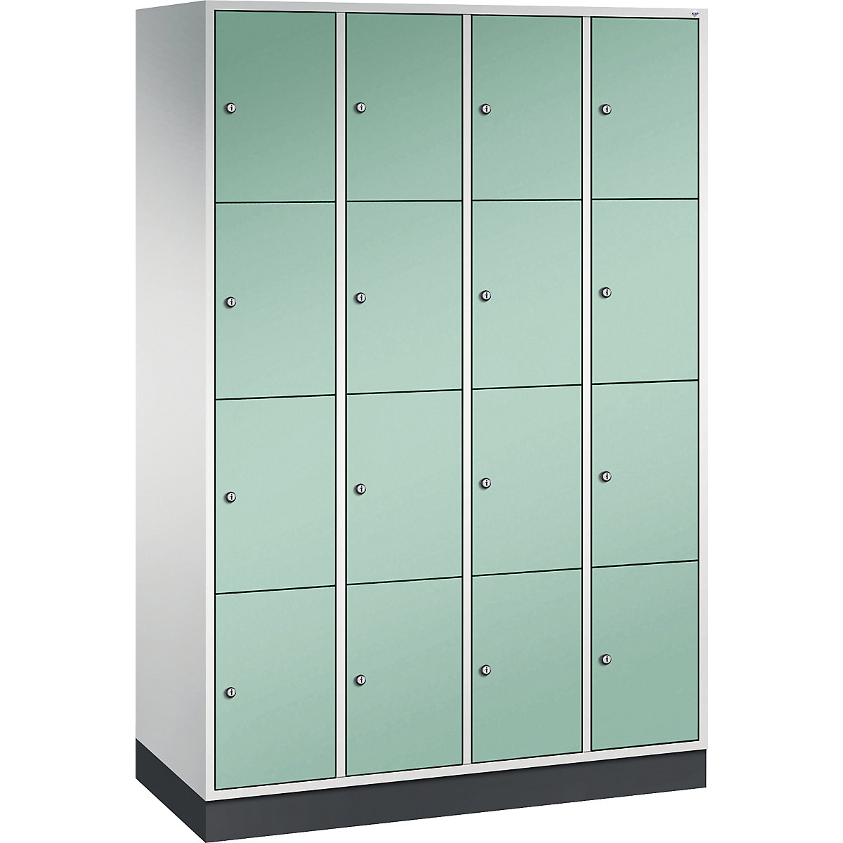 INTRO oceľová skriňa s uzamykateľnými priehradkami, výška priehradky 435 mm – C+P, š x h 1220 x 500 mm, 16 priehradiek, korpus svetlošedá, dvere svetlozelená
