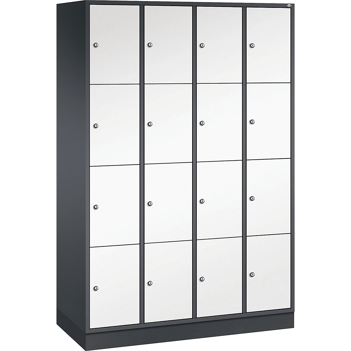 INTRO oceľová skriňa s uzamykateľnými priehradkami, výška priehradky 435 mm – C+P, š x h 1220 x 500 mm, 16 priehradiek, korpus čiernošedá, dvere čistá biela