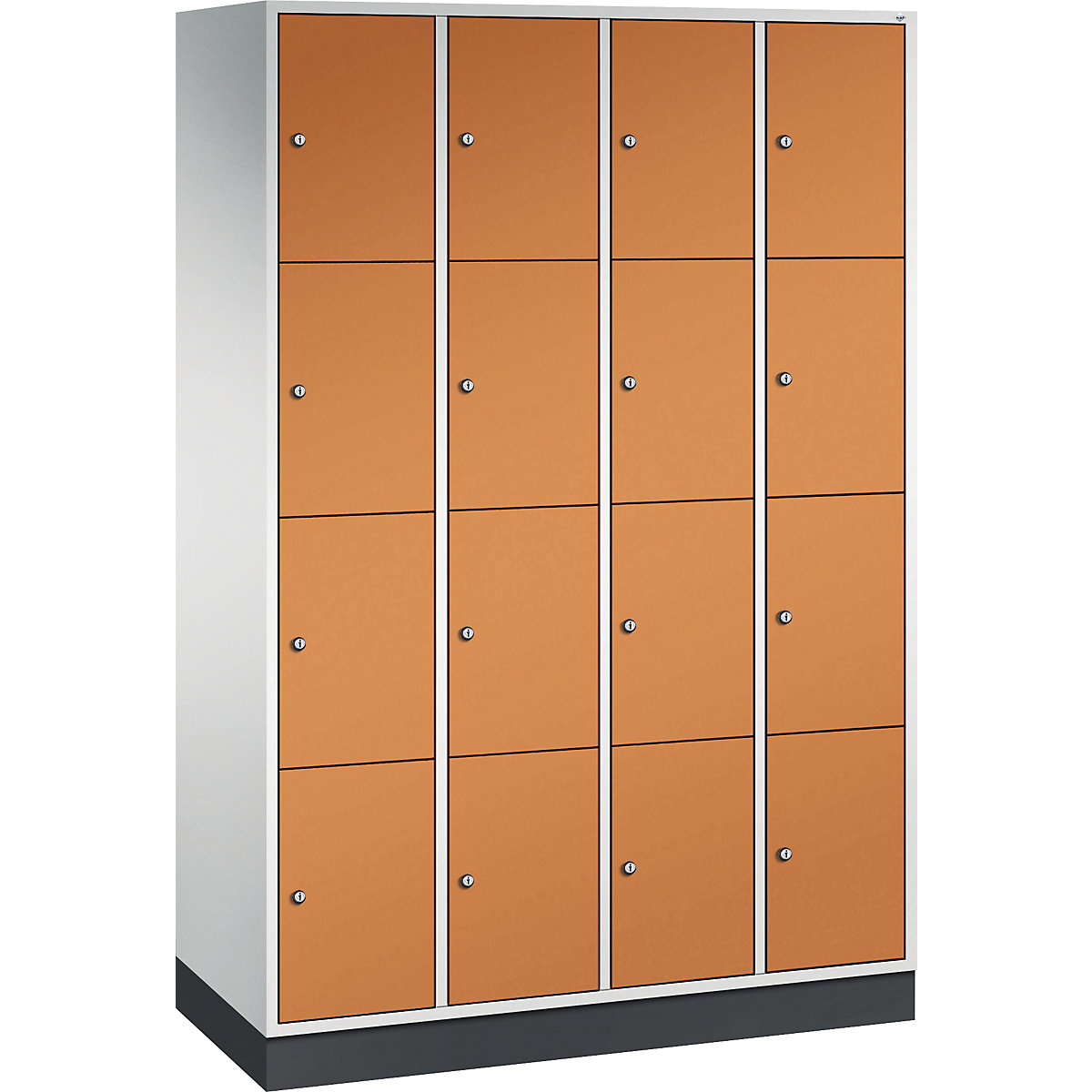 INTRO oceľová skriňa s uzamykateľnými priehradkami, výška priehradky 435 mm – C+P, š x h 1220 x 500 mm, 16 priehradiek, korpus svetlošedá, dvere žltooranžová