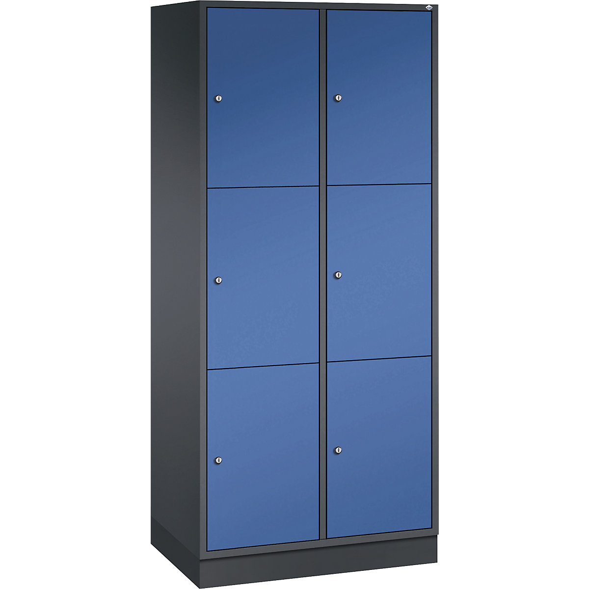 INTRO oceľová skriňa s uzamykateľnými priehradkami, výška priehradky 580 mm – C+P, š x h 820 x 500 mm, 6 priehradiek, korpus čiernošedá, dvere enciánová modrá