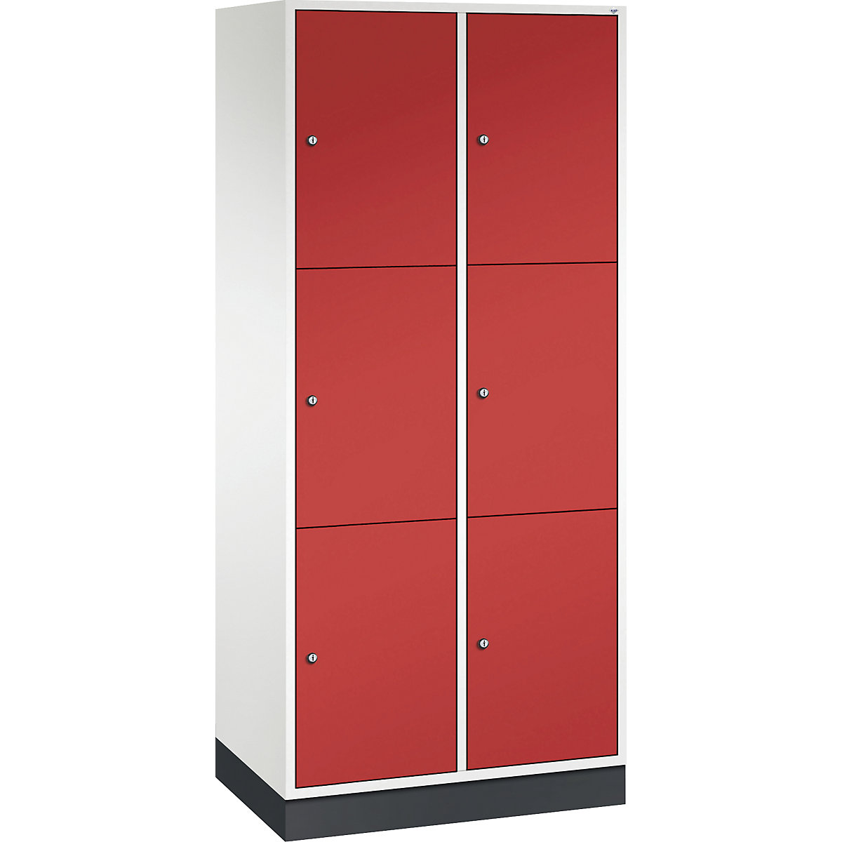 INTRO oceľová skriňa s uzamykateľnými priehradkami, výška priehradky 580 mm – C+P, š x h 820 x 500 mm, 6 priehradiek, korpus čistá biela, dvere ohnivo červená