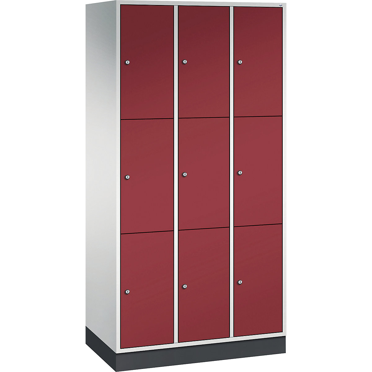 INTRO oceľová skriňa s uzamykateľnými priehradkami, výška priehradky 580 mm – C+P, š x h 920 x 500 mm, 9 priehradiek, korpus svetlošedá, dvere rubínová červená
