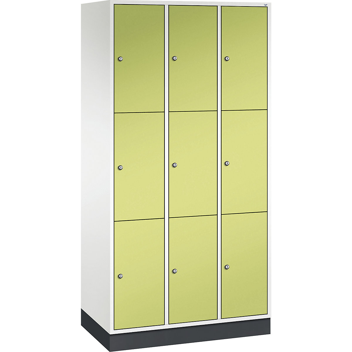 INTRO oceľová skriňa s uzamykateľnými priehradkami, výška priehradky 580 mm – C+P, š x h 920 x 500 mm, 9 priehradiek, korpus čistá biela, dvere viridiánová zelená