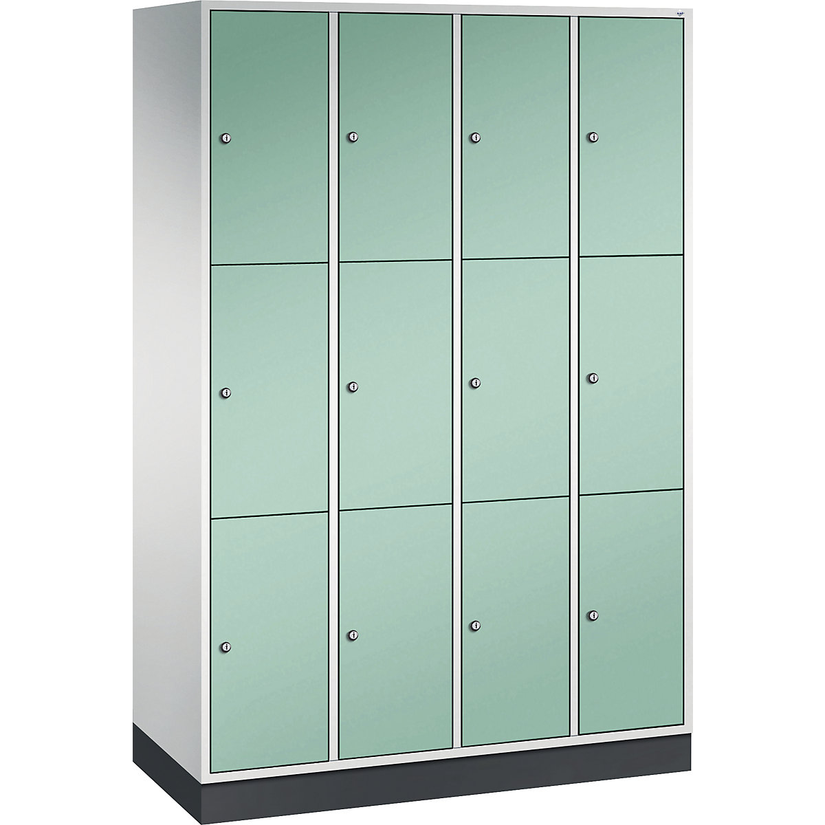 INTRO oceľová skriňa s uzamykateľnými priehradkami, výška priehradky 580 mm – C+P, š x h 1220 x 500 mm, 12 priehradiek, korpus svetlošedá, dvere svetlozelená