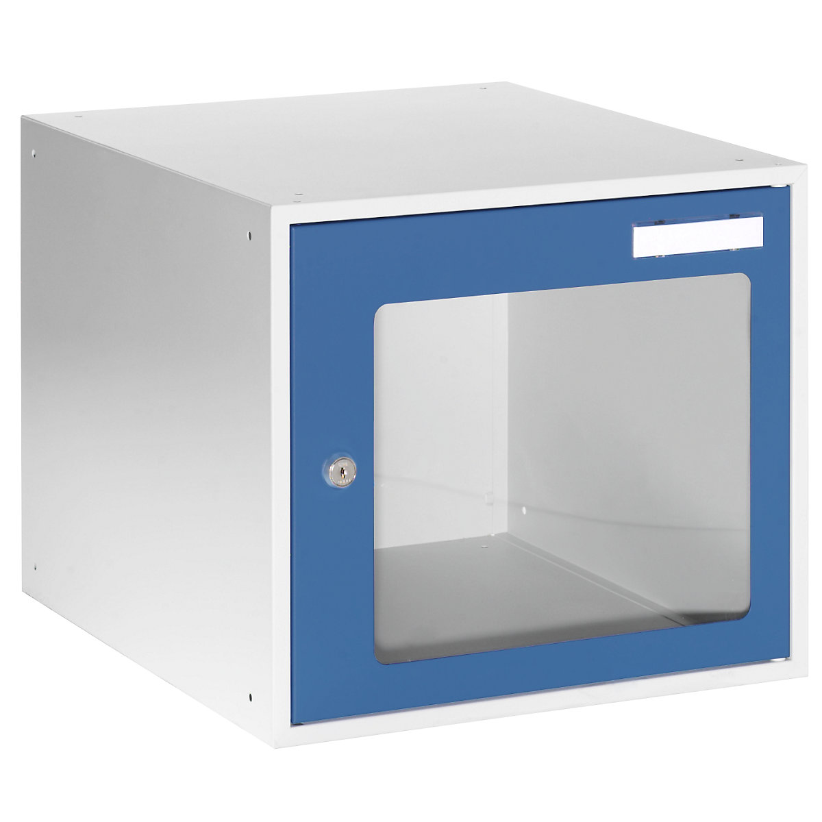 EUROKRAFTbasic – Kocka s uzamykateľnou priehradkou s priehľadným okienkom, v x š x h 350 x 400 x 450 mm, rám dverí enciánová modrá RAL 5010