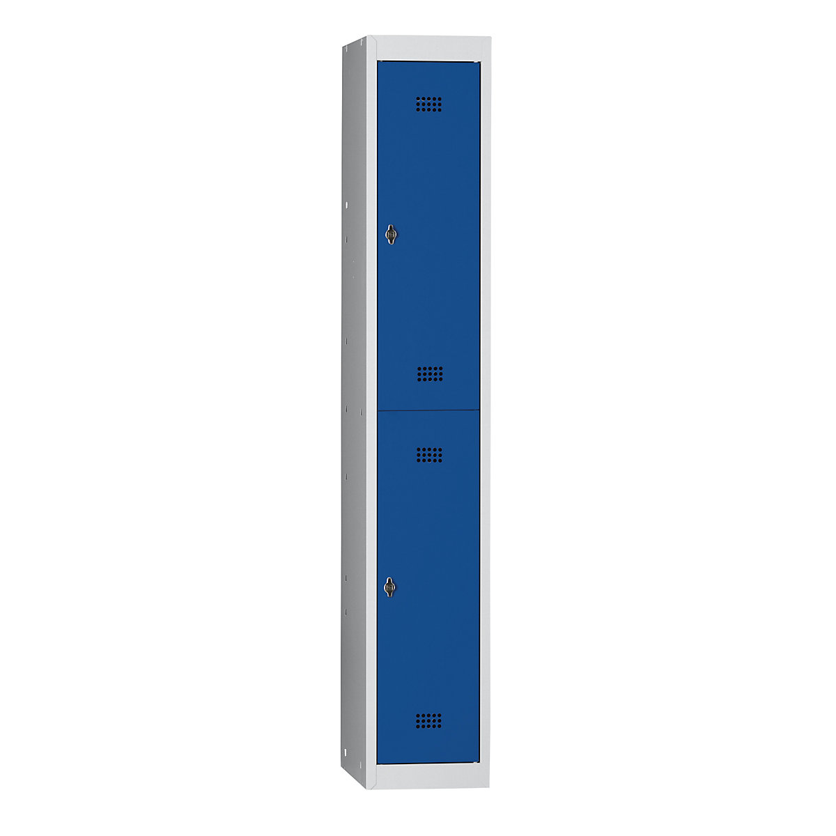 Oceľová úzka skrinka – Wolf, s vypaľovacím lakom, 2 boxy, výška 840 mm, šírka 300 mm, 1 tyč na šaty, základný prvok, svetlošedá / enciánová modrá-3
