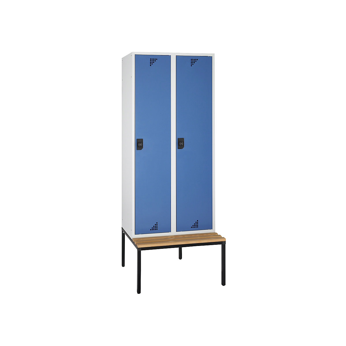 Viacúčelová a šatníková skriňa – eurokraft pro, s podstavcovou lavicou na sedenie, 2 boxy, šírka 800 mm, dvere briliantová modrá-4