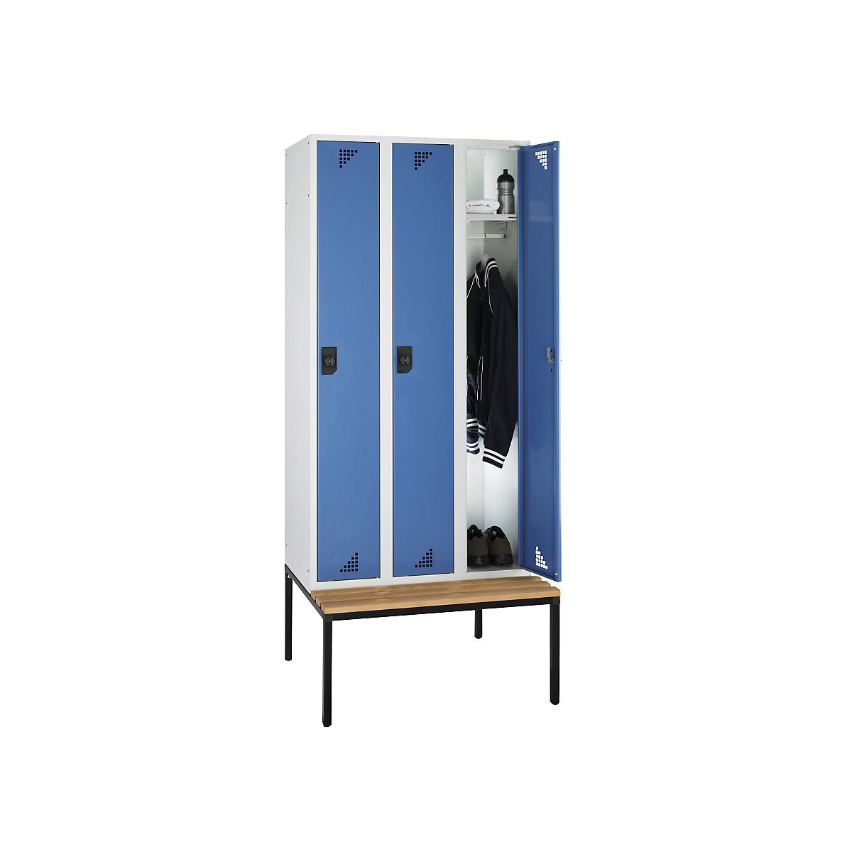 Viacúčelová a šatníková skriňa – eurokraft pro, s podstavcovou lavicou na sedenie, 3 boxy, šírka 900 mm, dvere briliantová modrá-5