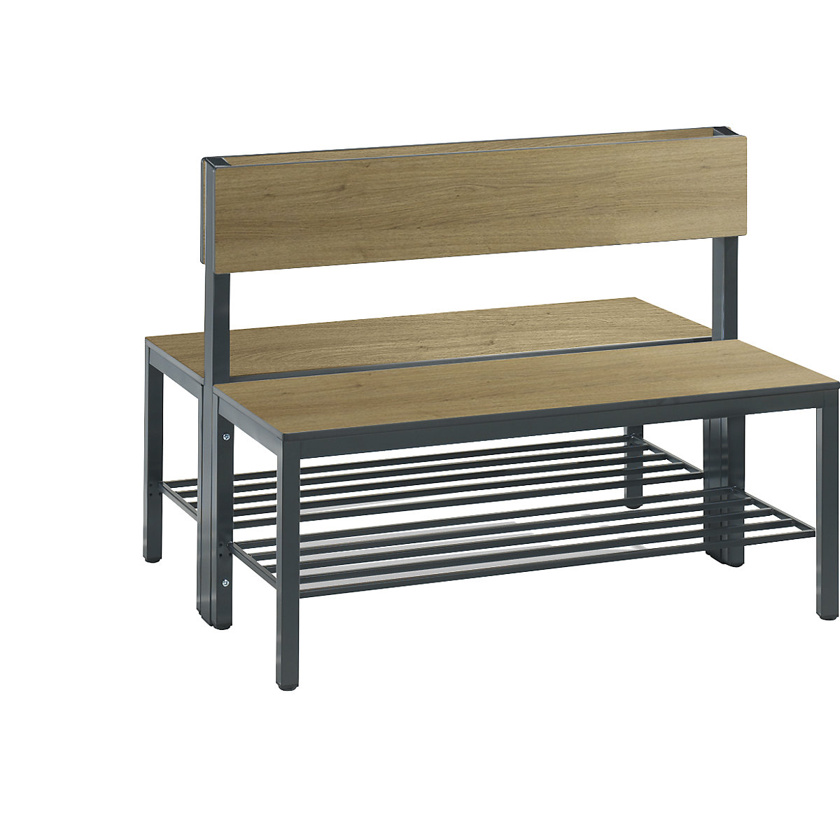 Šatňová lavica BASIC PLUS, dvojstranná – C+P, plocha sedadla HPL, polovysoká, rošt na obuv, dĺžka 1000 mm, vzor dub-5