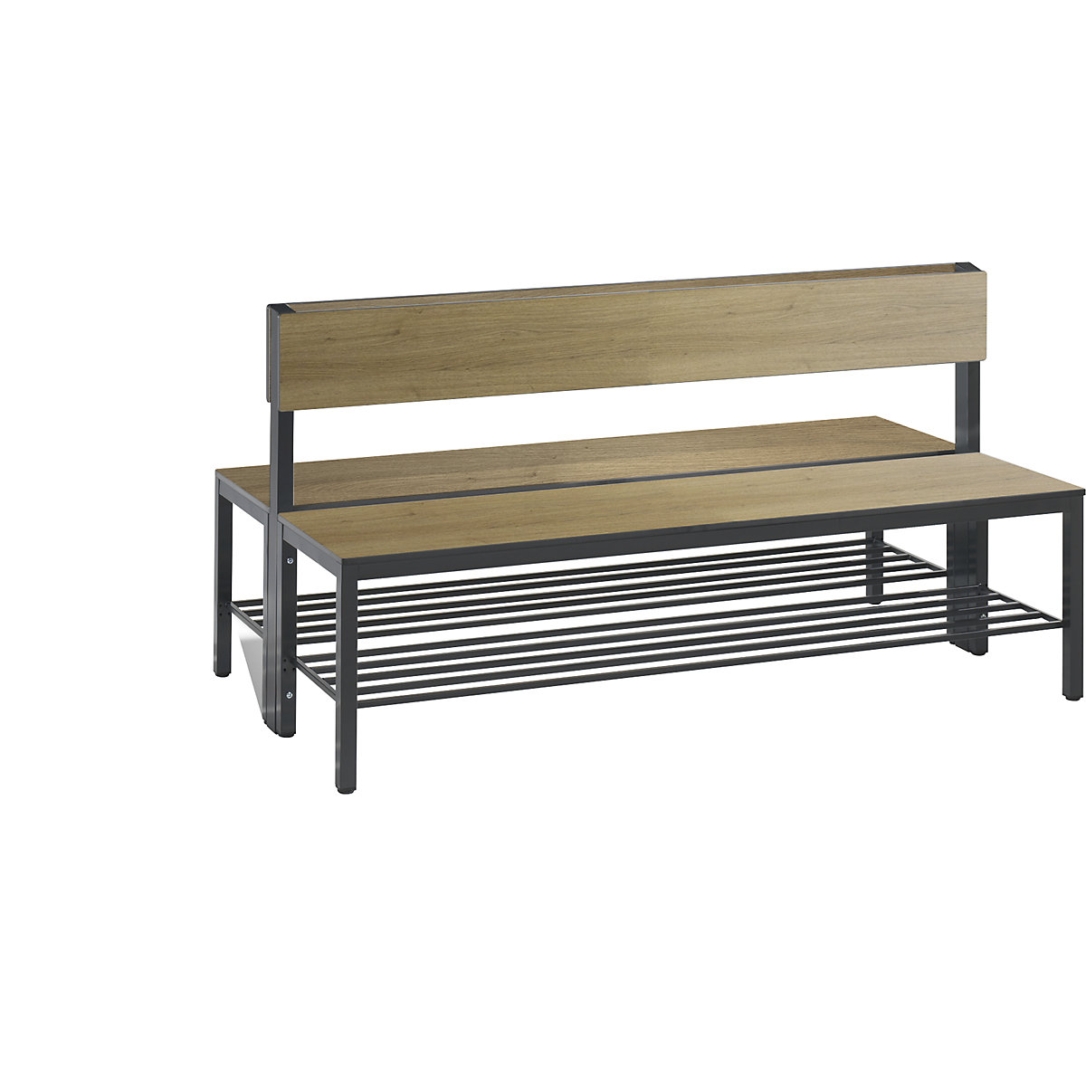 Šatňová lavica BASIC PLUS, dvojstranná – C+P, plocha sedadla HPL, polovysoká, rošt na obuv, dĺžka 1500 mm, vzor dub-9