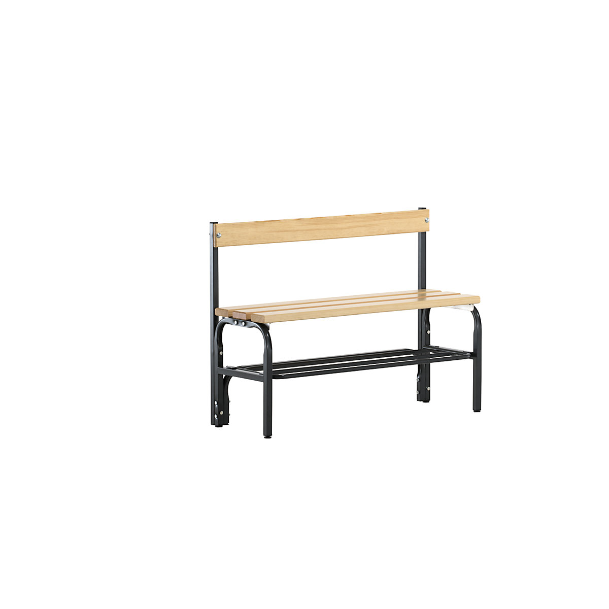Šatňová lavica s polovičnou výškou s operadlom, jednostranná – Sypro, drevené lišty z borovice, dĺžka 1015 mm, antracitová, rošt na obuv-9