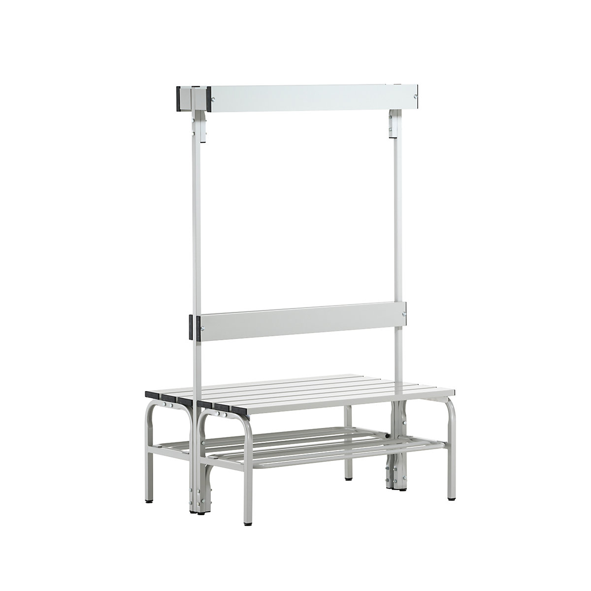Sypro – Šatňová lavica z ušľachtilej ocele, v x h 1650 x 725 mm, dĺžka 1015 mm, 6 háčikov, svetlošedá, rošt na obuv