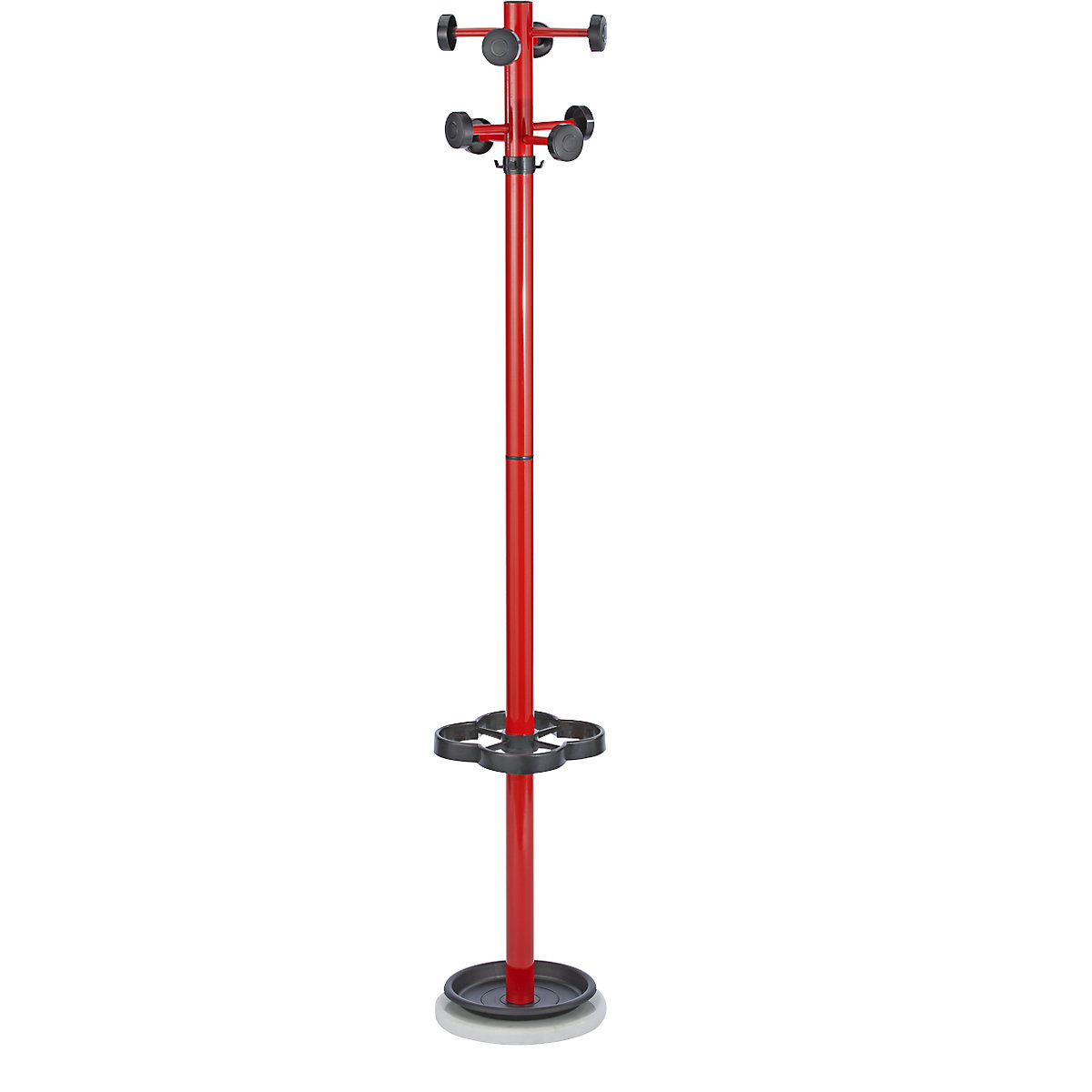 Šatníkový stojan s čiernymi gombíkovými háčikmi, výška 1700 mm, Ø 300 mm, červená