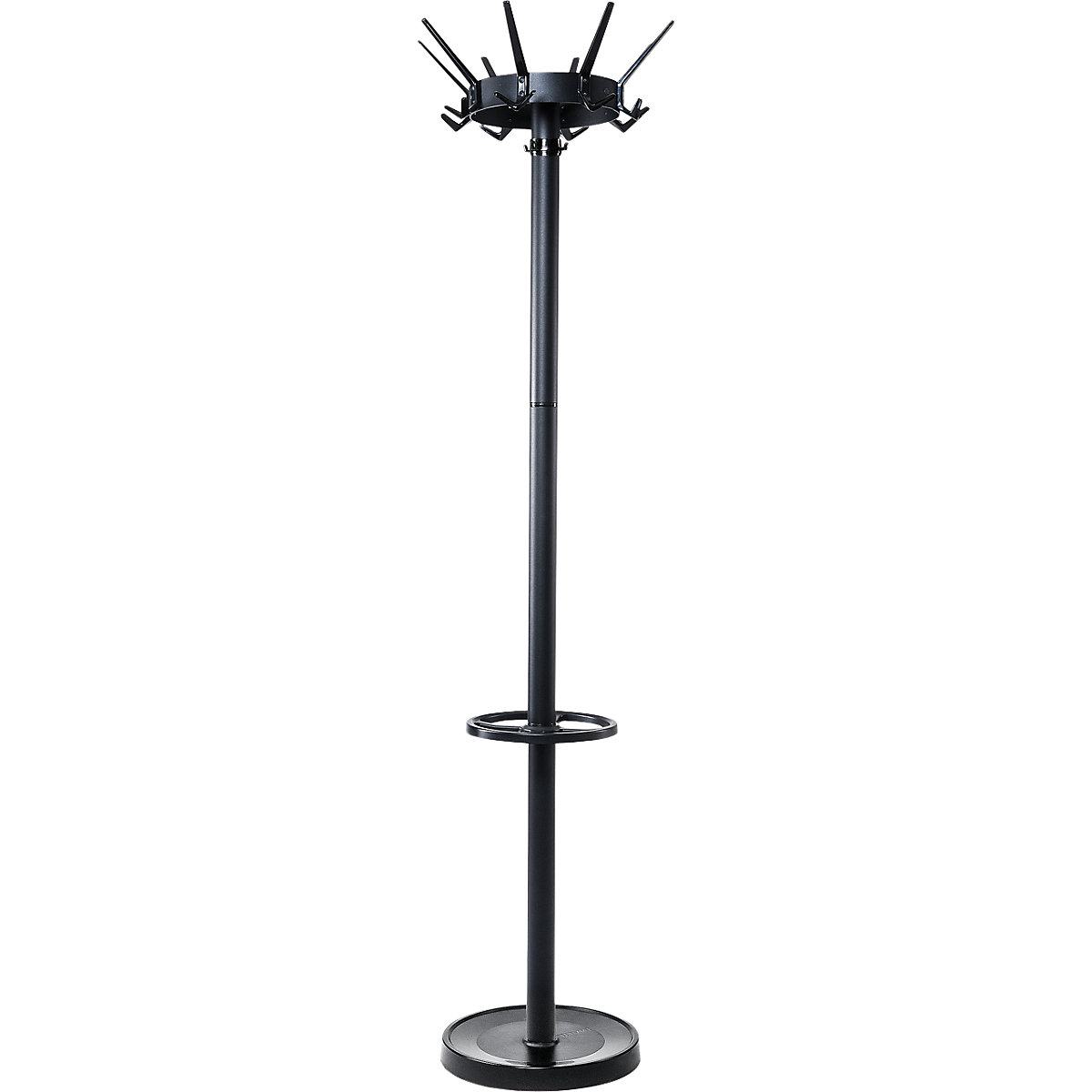 Vešiakový stojan MAULcaligo – MAUL, s 32 háčikmi a držiakom na dáždniky, čierna