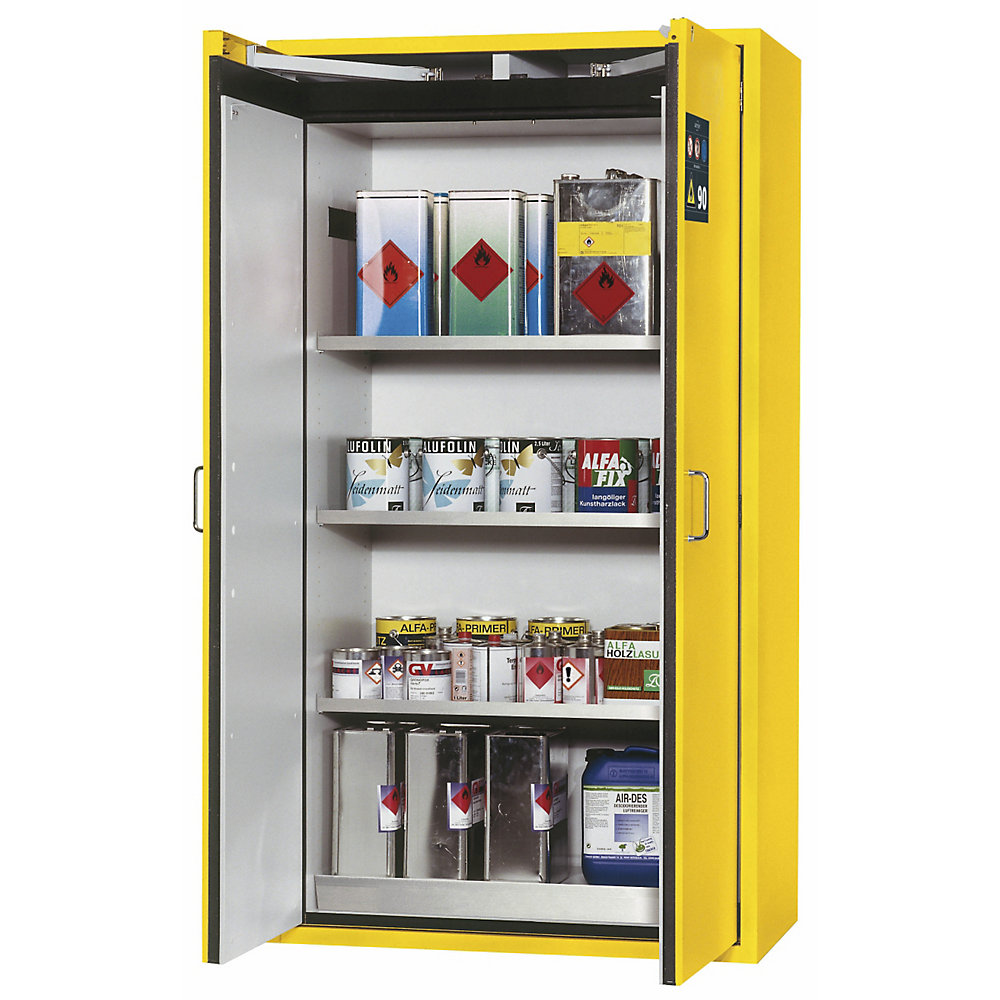 asecos Fire resistant hazardous goods storage cupboard, type 90, 2 doors, external HxWxD 1968 x 900 x 615 mm, yellow, stainless steel